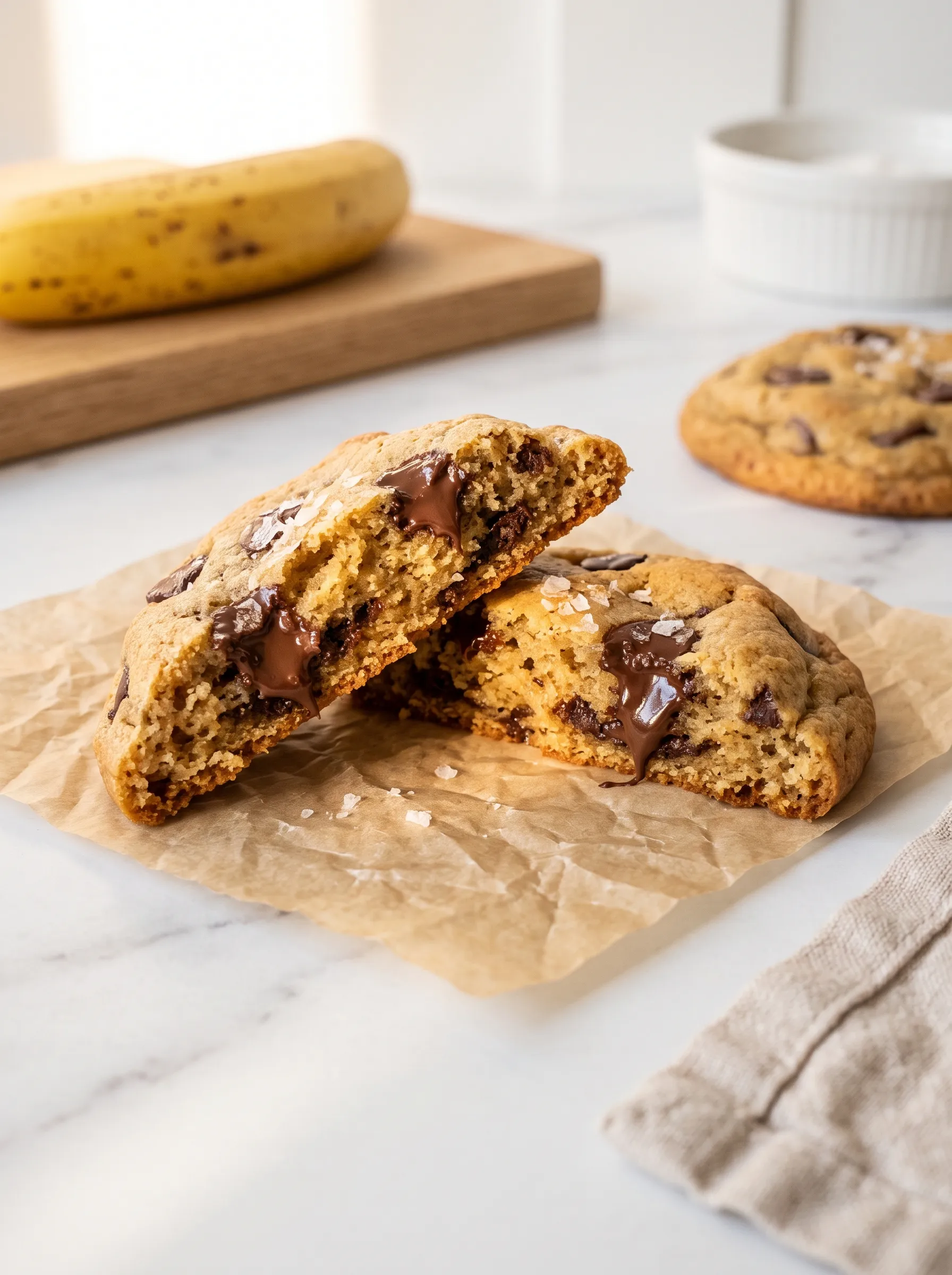 banana chocolate chip cookie broken in half showing chewy golden interior with melted chocolate chunks
