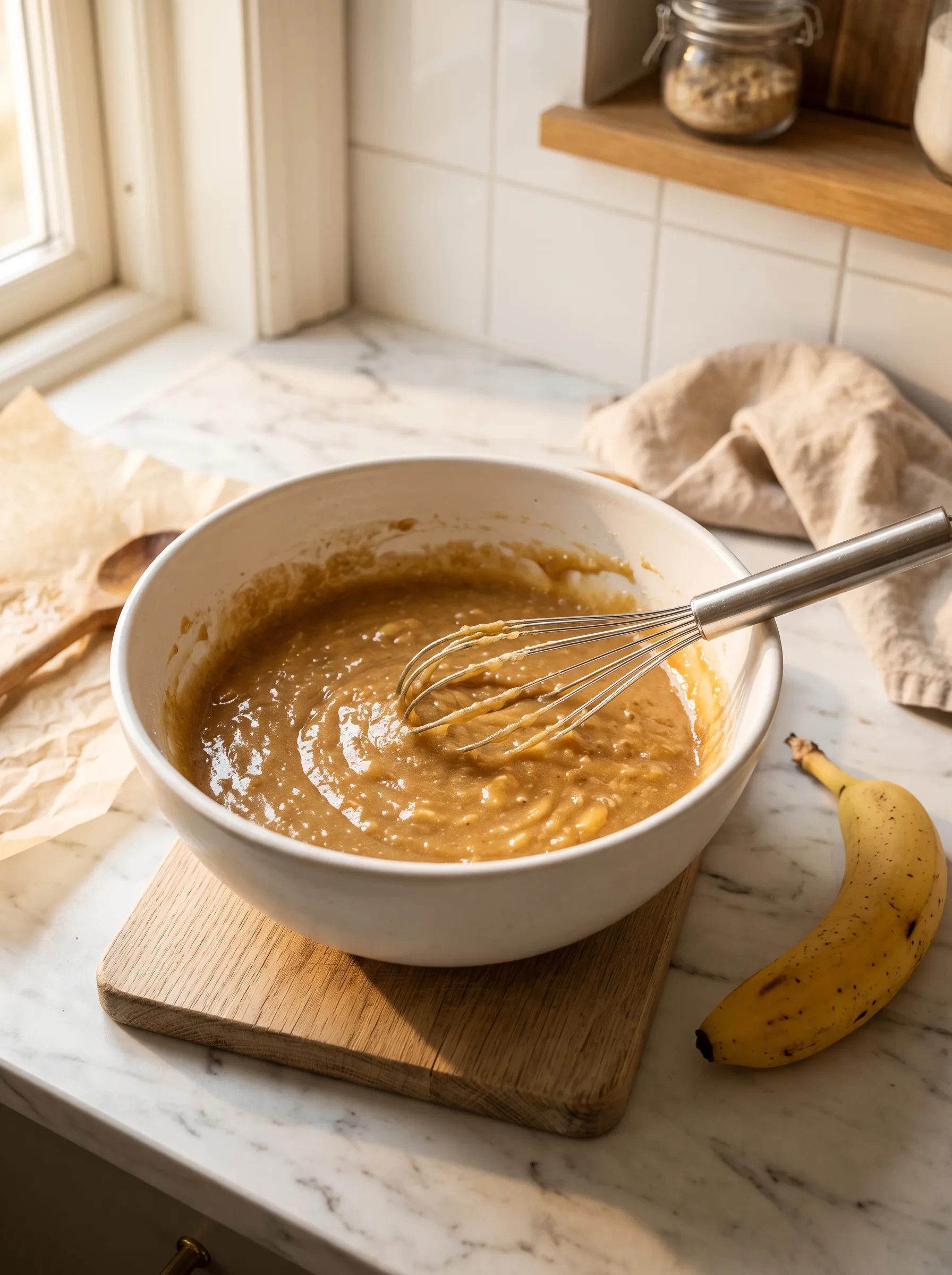 glossy banana cookie dough base with brown sugar and melted butter in white mixing bowl