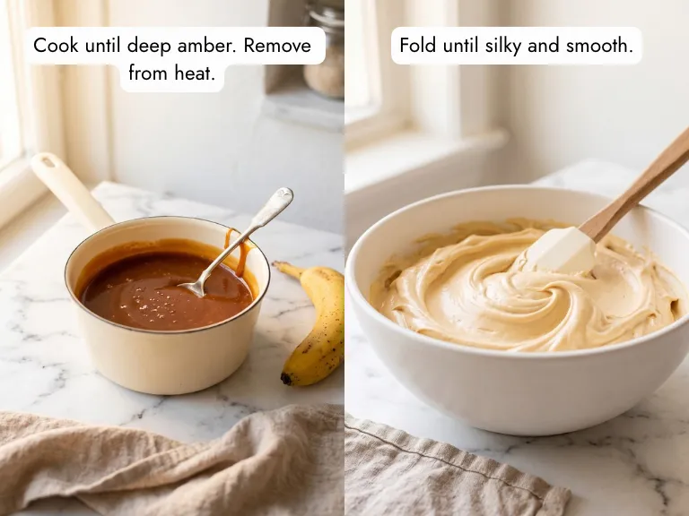 Banana cupcakes baked golden in muffin tin and homemade salted caramel sauce in saucepan — process steps