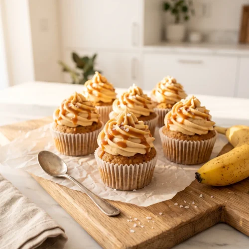 Batch of 6 banana cupcakes with salted caramel buttercream swirls on oak wood board — banana cupcakes recipe