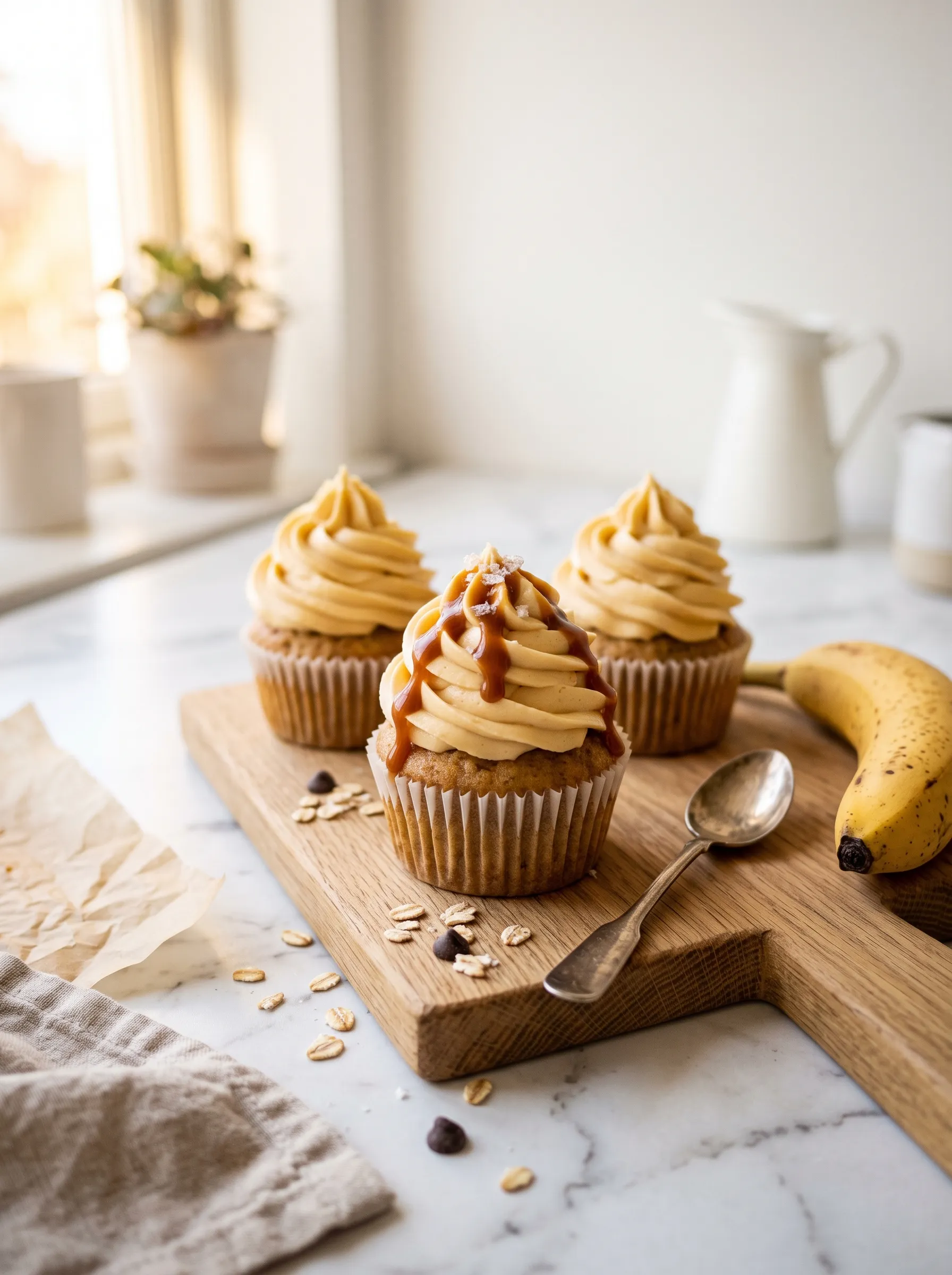 Soft banana cupcakes with salted caramel buttercream frosting on white marble — banana cupcakes recipe