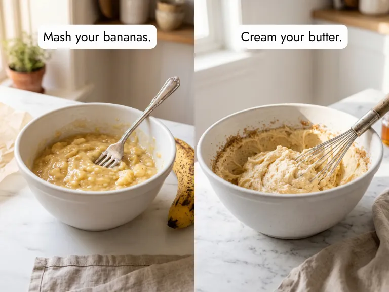 Banana cupcake recipe step 1 — mashing ripe bananas and creaming butter with brown sugar side by side
