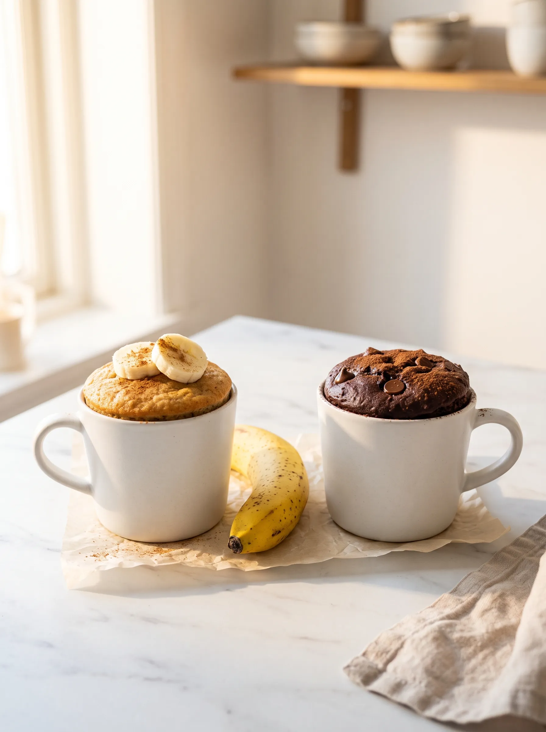 two banana mug cakes on white marble — classic version and chocolate banana mug cake variation side by side