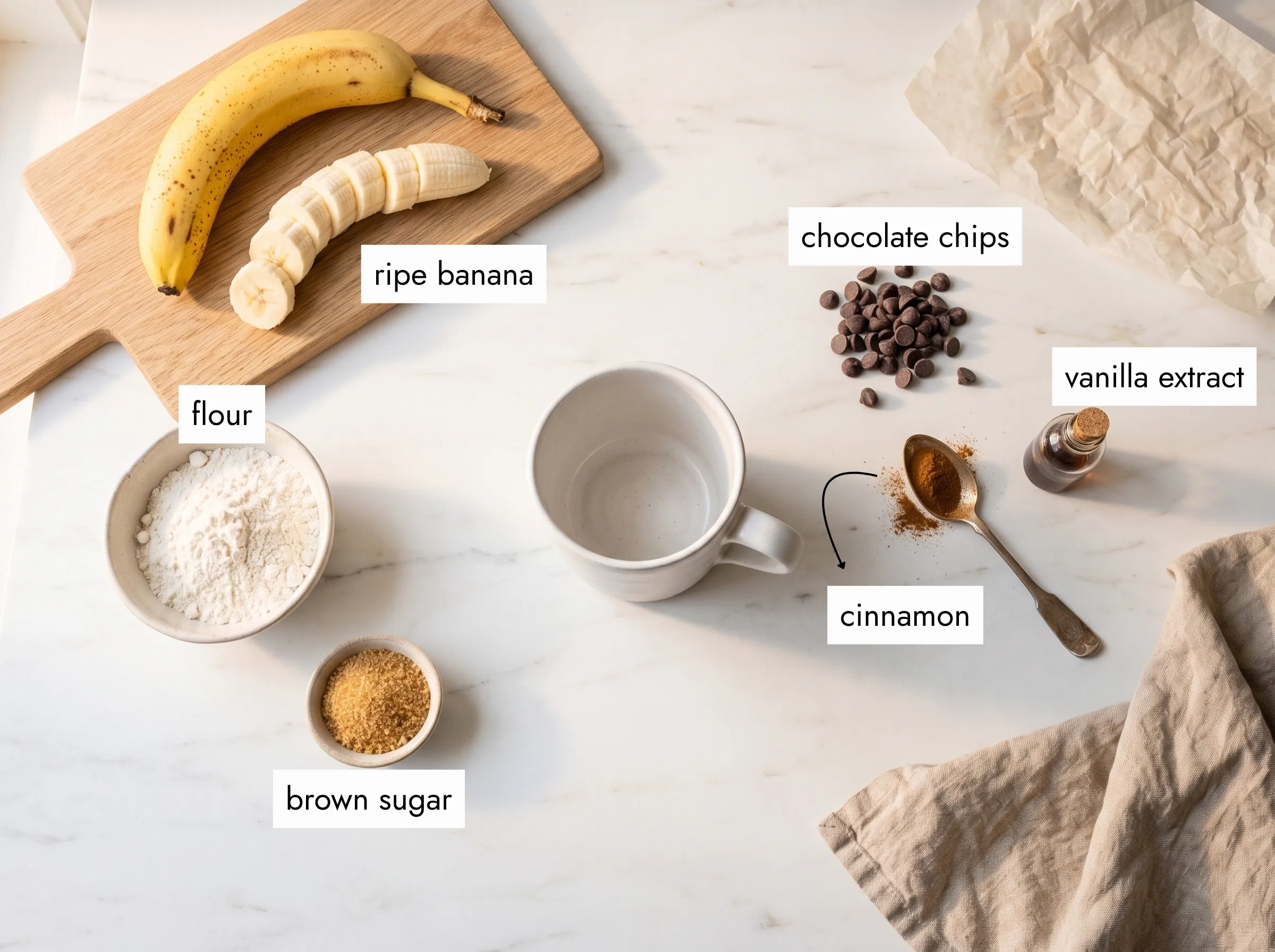 overhead flat lay of banana mug cake ingredients — ripe banana, flour, brown sugar, chocolate chips, cinnamon, vanilla on white marble