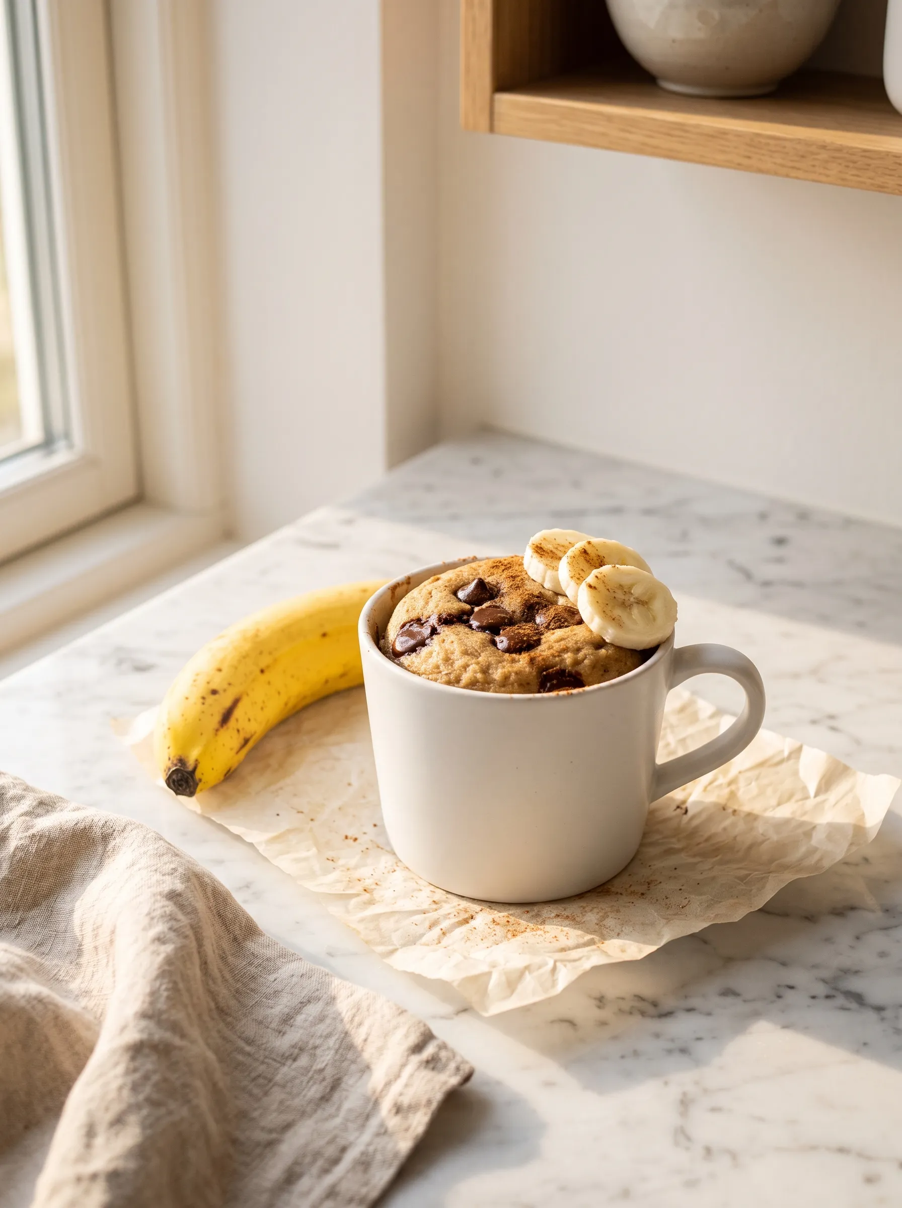easy banana mug cake recipe in white ceramic mug with melted chocolate chips, golden morning light on white marble