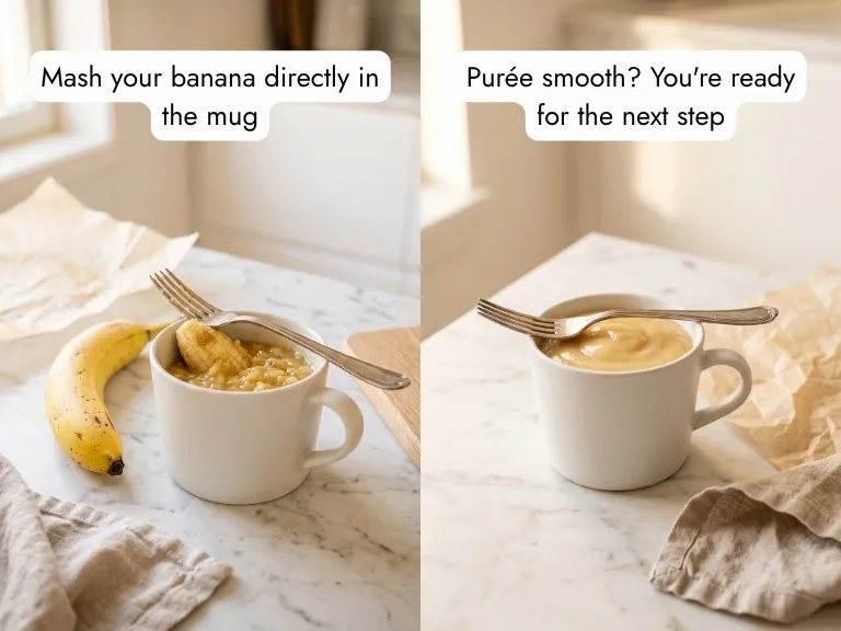 two-step process mashing ripe banana in white ceramic mug for banana mug cake — from rough mash to smooth lump-free purée