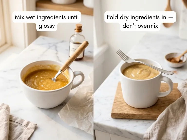 banana mug cake batter preparation in two steps — glossy wet ingredients mixed then dry ingredients folded in white ceramic mug, eggless banana mug cake