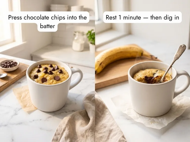 banana mug cake before and after microwaving — chocolate chips pressed into golden batter then soft interior revealed with melted chocolate pockets, 1 minute microwave banana mug cake