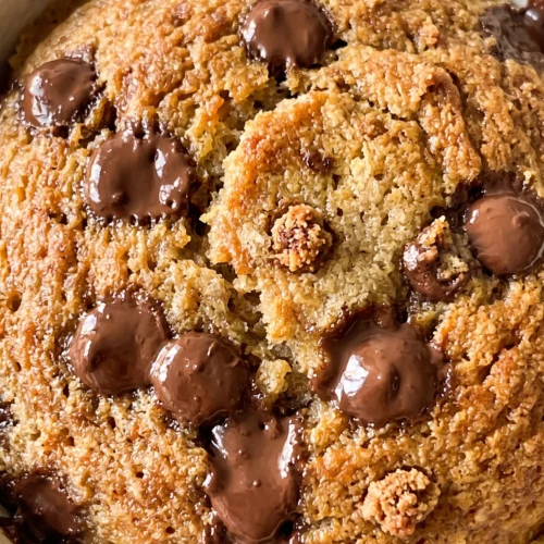 close-up of soft banana mug cake crumb with melted chocolate chips, golden-brown crust texture