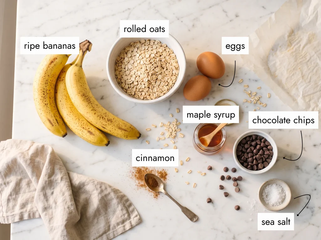 Ingredients for banana oat bars on white marble — ripe bananas, rolled oats, eggs, chocolate chips, cinnamon and maple syrup for healthy oatmeal bars