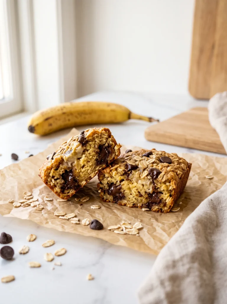 Banana oat bar broken in half showing soft golden interior crumb with melted chocolate chips — soft baked banana oatmeal bars texture