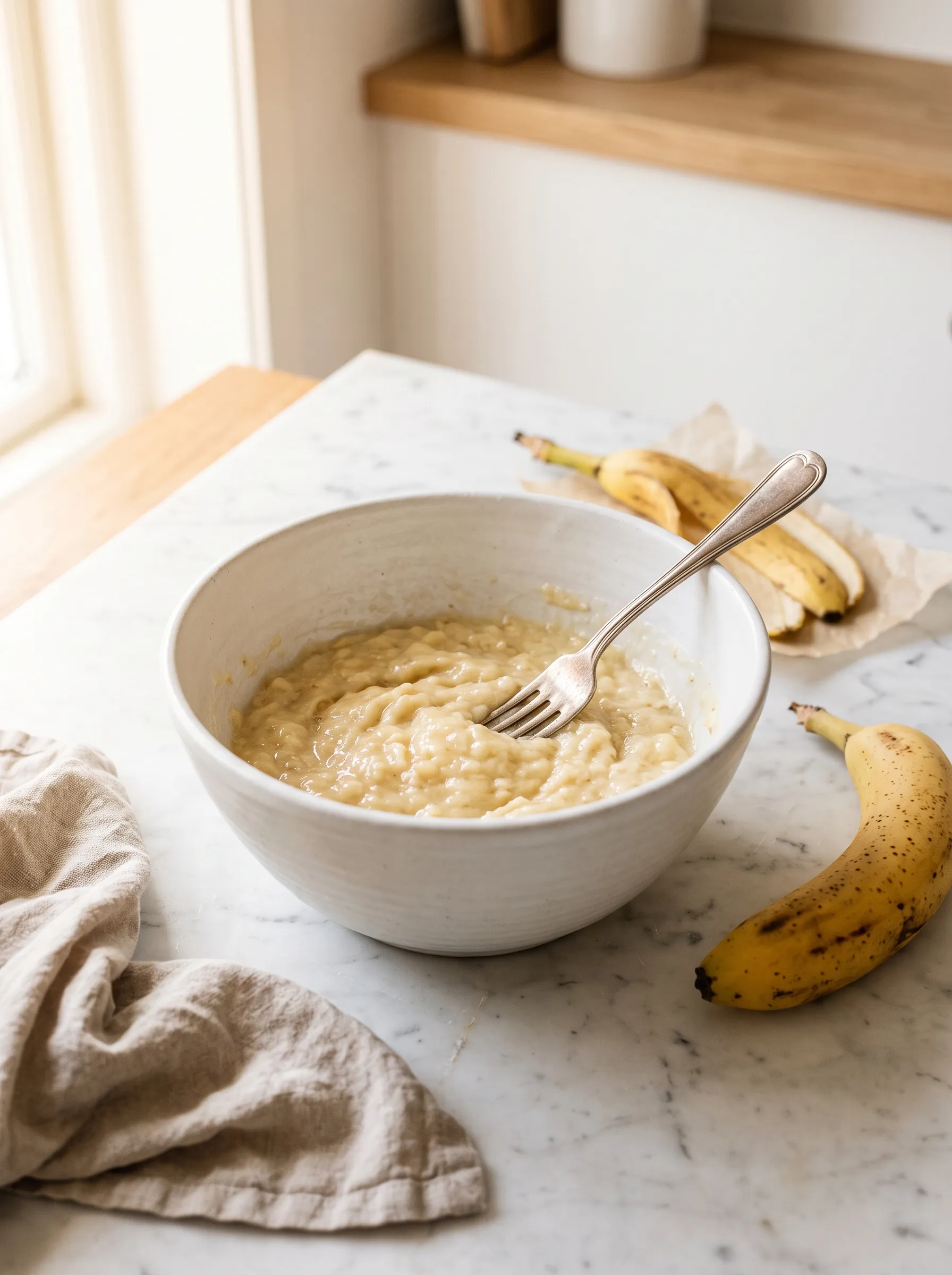Mashing ripe spotty bananas with a fork in a white ceramic bowl on marble counter — step 1 for making banana oatmeal bars