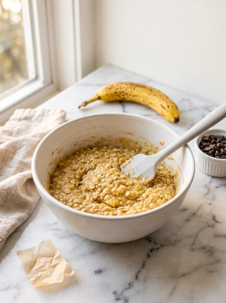 Stirring banana and rolled oats batter with a silicone spatula in a white bowl — how to make banana oat bars batter