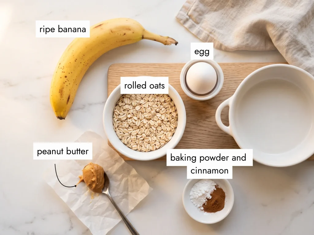 banana oat mug cake ingredients flat lay overhead — ripe banana, rolled oats, egg, peanut butter and baking powder on white marble