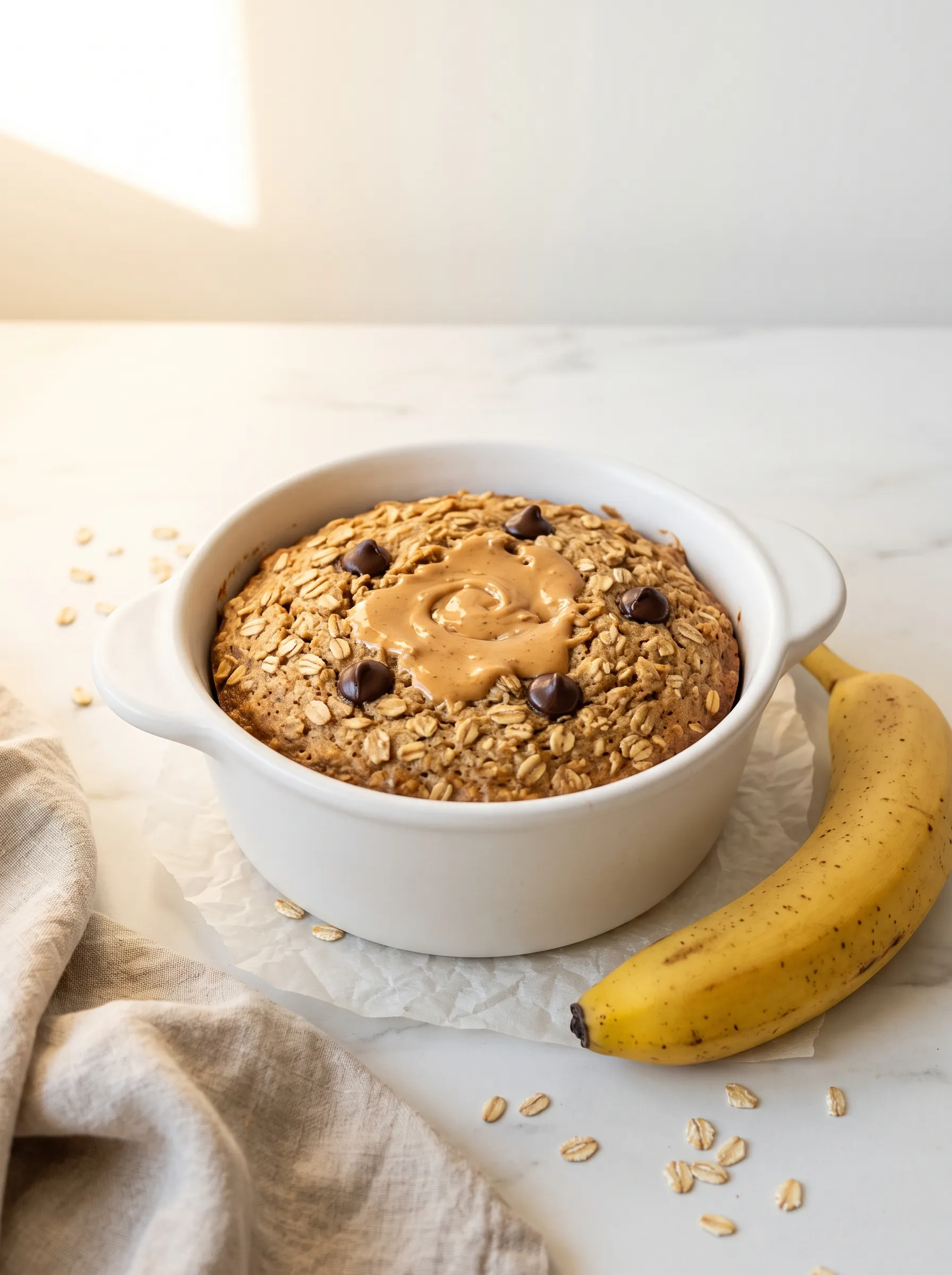banana oat mug cake recipe — healthy flourless baked oat cake in white ceramic ramekin with peanut butter swirl