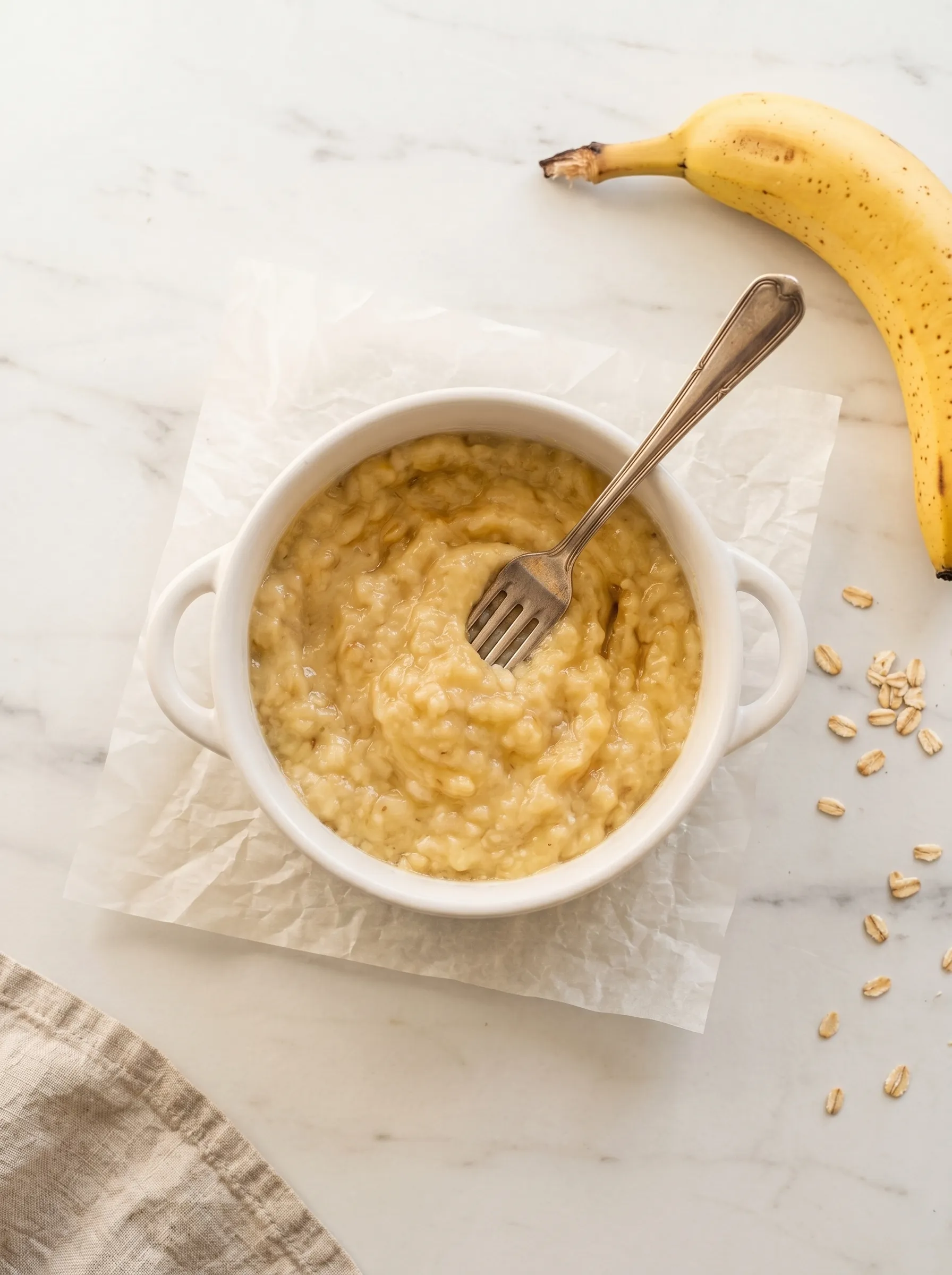 mashing ripe banana in white ceramic ramekin with a fork — step 1 of banana oat mug cake recipe