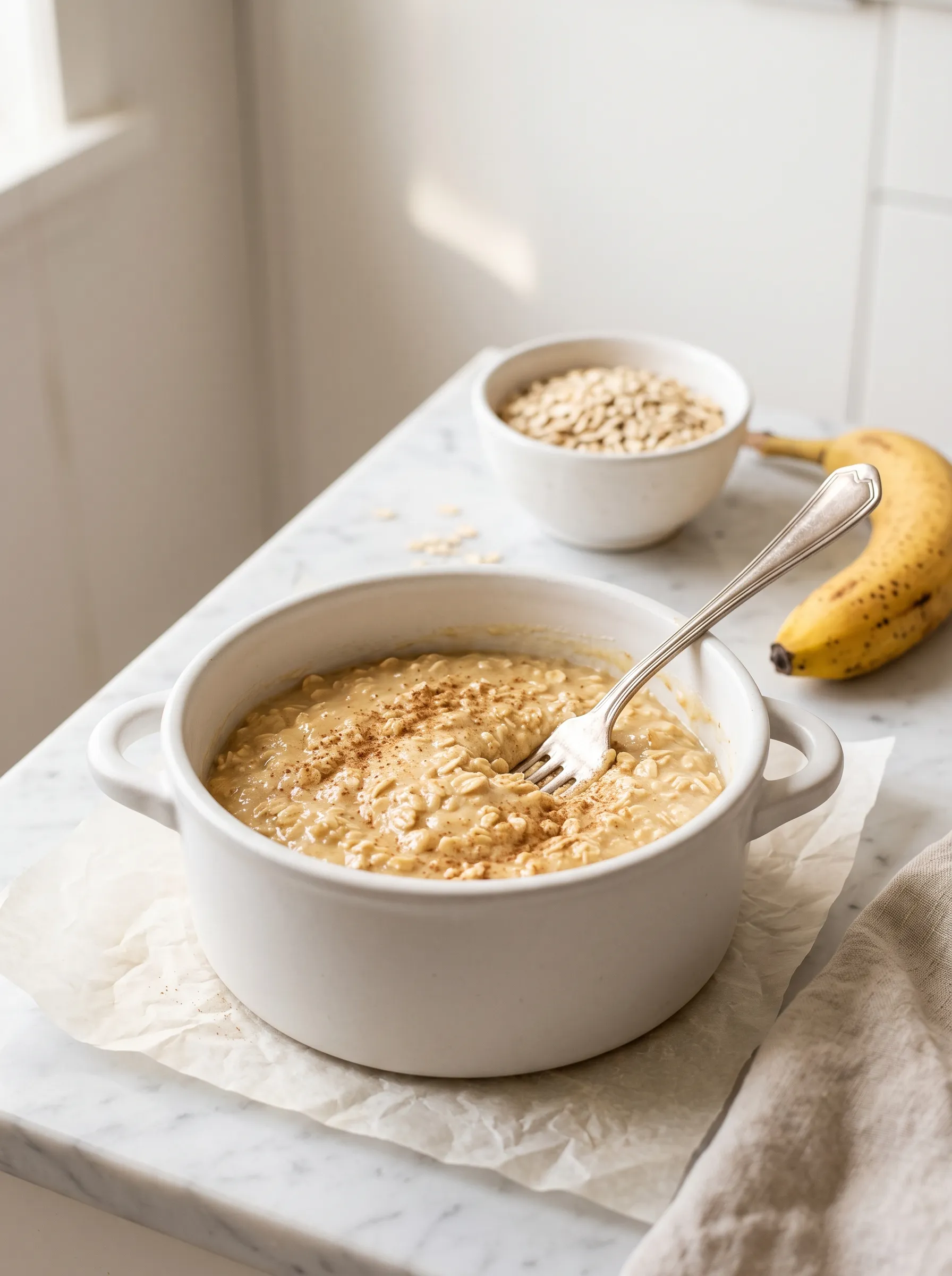 mixing banana oat mug cake batter with a fork in white ceramic ramekin — thick golden batter with visible rolled oats