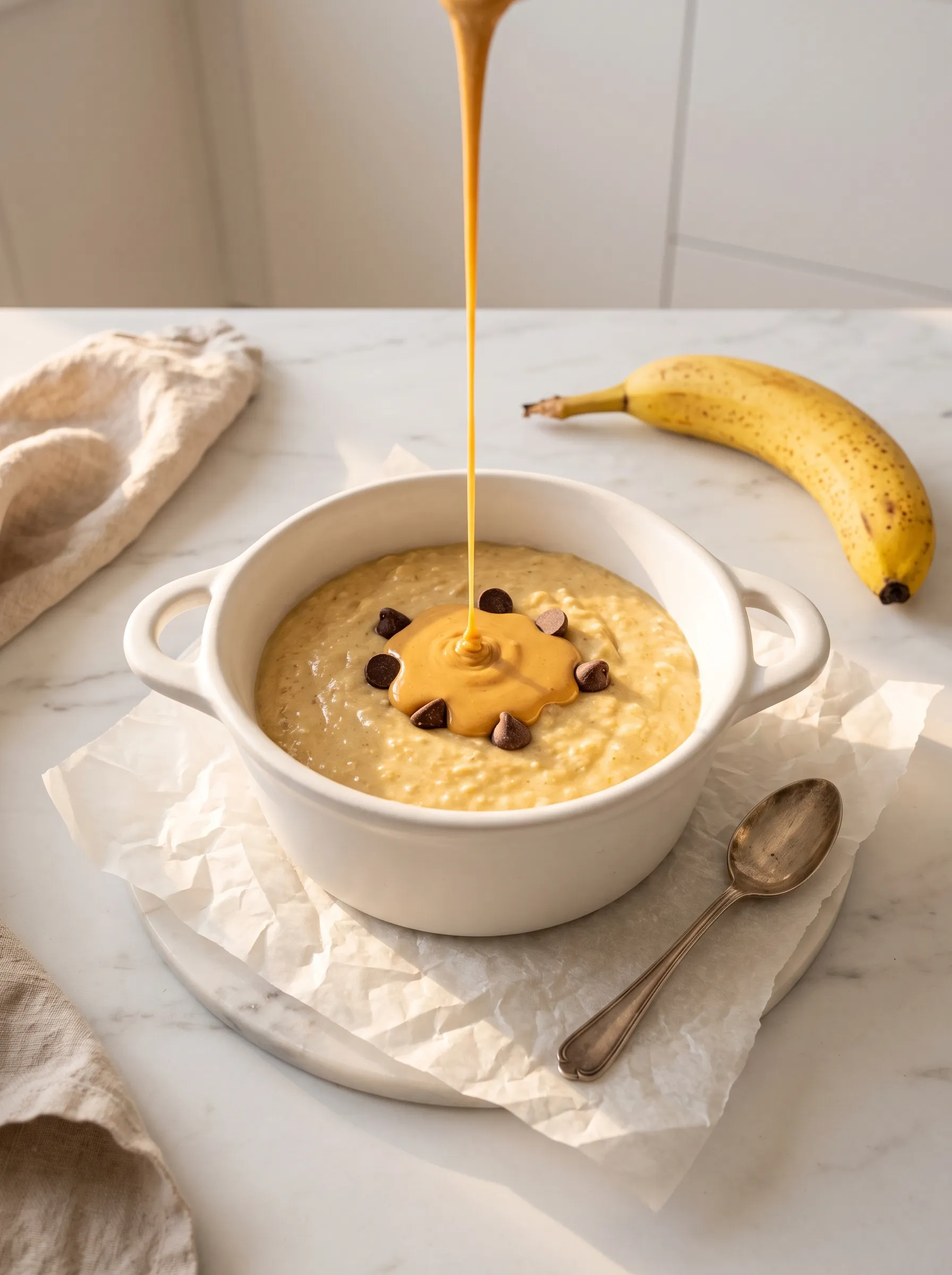 pouring peanut butter over banana oat mug cake batter in white ramekin before microwaving — molten center trick