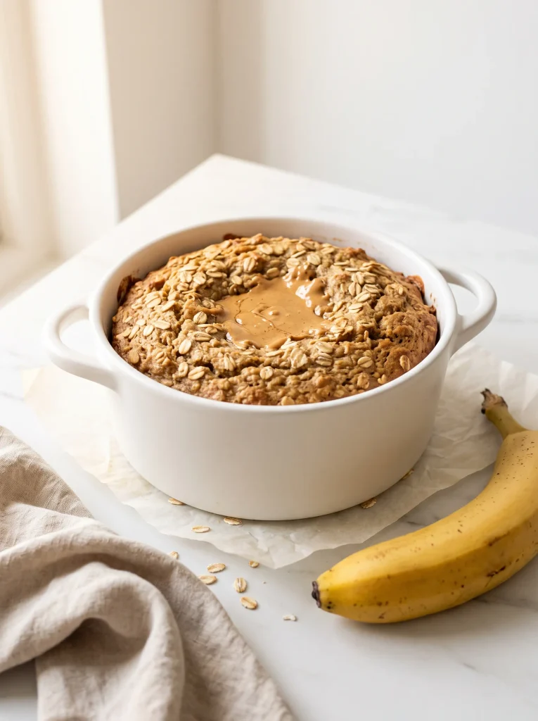banana oat mug cake just out of the microwave in white ceramic ramekin — golden risen surface with visible oats