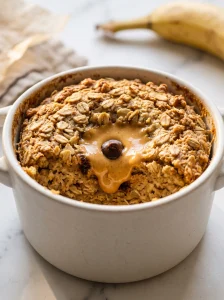 close-up texture banana oat mug cake — dense golden oat crumb with melted peanut butter pooling in center, white ceramic ramekin