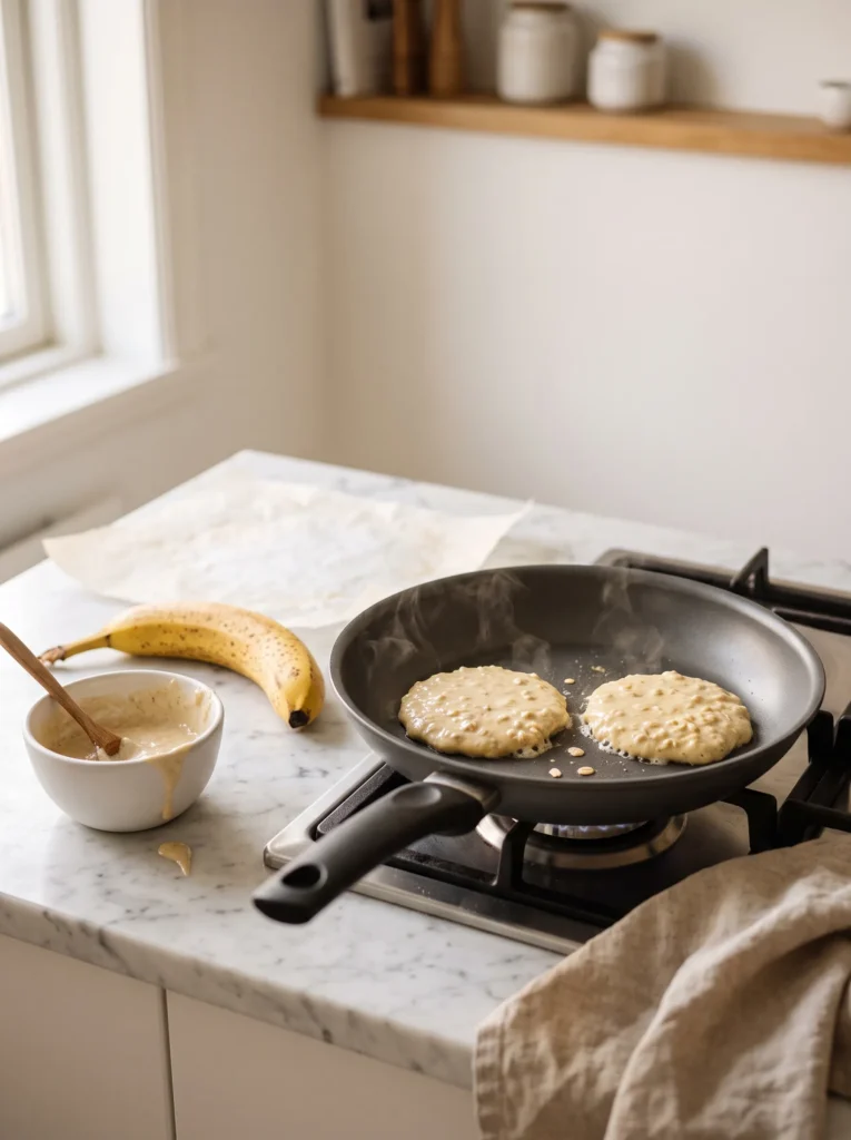 Banana oat pancake batter ladled into non-stick skillet in small portions, flourless batter cooking