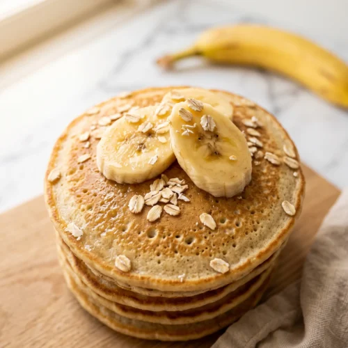 Close-up of banana oat pancake stack topped with fresh banana slices and scattered rolled oats