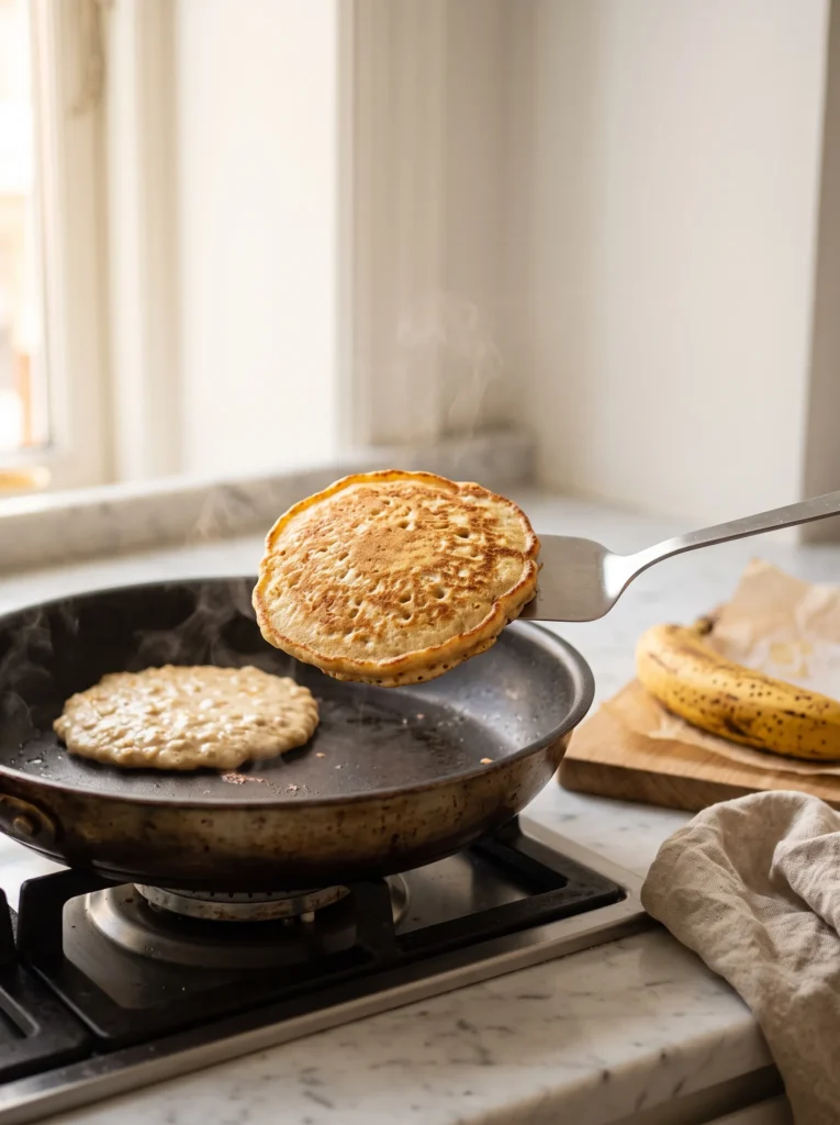 Golden banana oat pancake being flipped with spatula in skillet, second side cooking