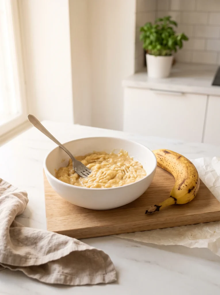 Ripe banana mashed with fork in white ceramic bowl, first step banana oat pancakes recipe