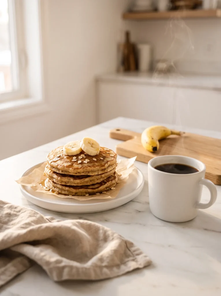 Banana oat pancakes on white plate beside coffee mug, cozy healthy breakfast morning scene