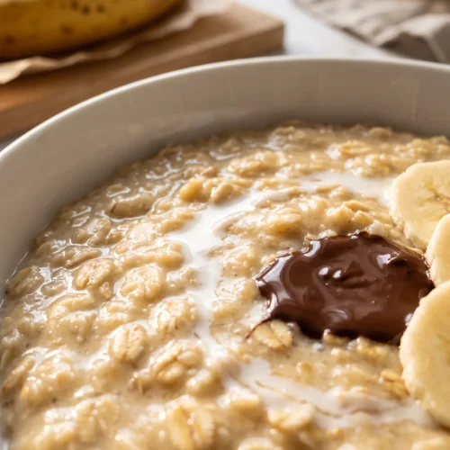 Creamy stovetop banana oatmeal close-up with melted chocolate, a swirl of milk and fresh banana slices