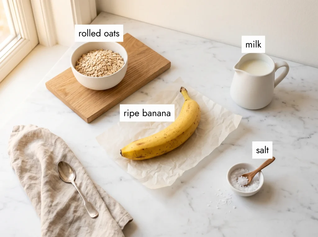 Banana oatmeal ingredients on white marble — rolled oats, ripe banana, milk and a pinch of salt