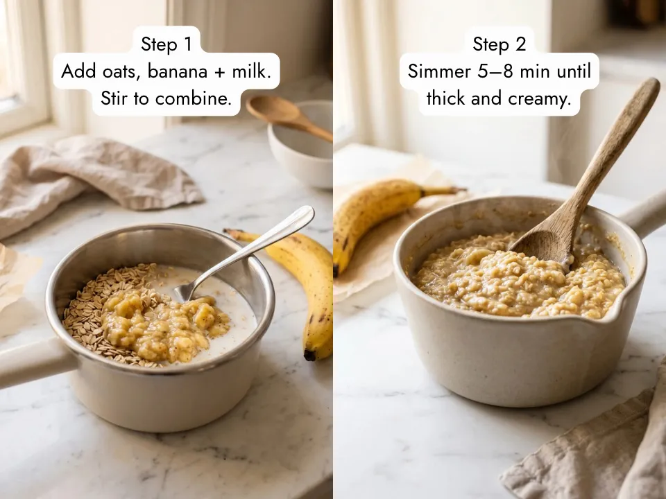 How to make banana oatmeal stovetop — mashed banana mixed into oats in saucepan, then thick creamy texture ready to serve