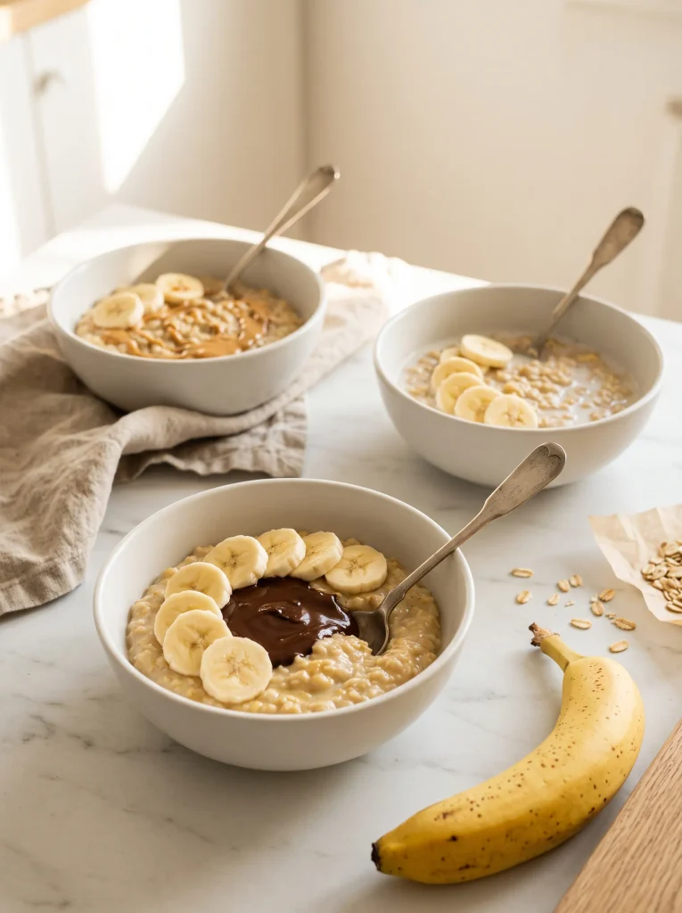 Three bowls of banana oatmeal topped with chocolate, peanut butter and fresh banana slices on white marble