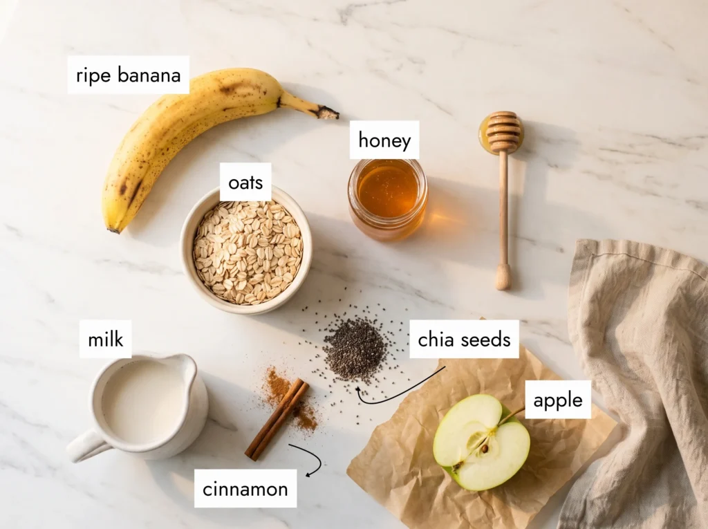 flat lay overhead view of banana overnight oats ingredients — rolled oats, ripe banana, honey, cinnamon, chia seeds and milk on white marble