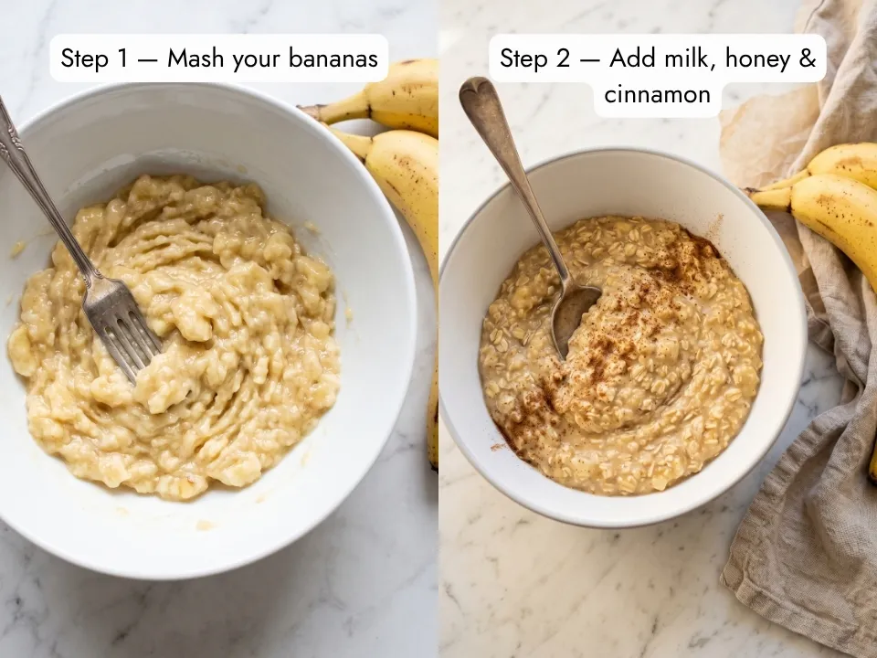 how to make banana overnight oats step by step — mashing ripe banana and mixing with milk and oats in a white ceramic bowl