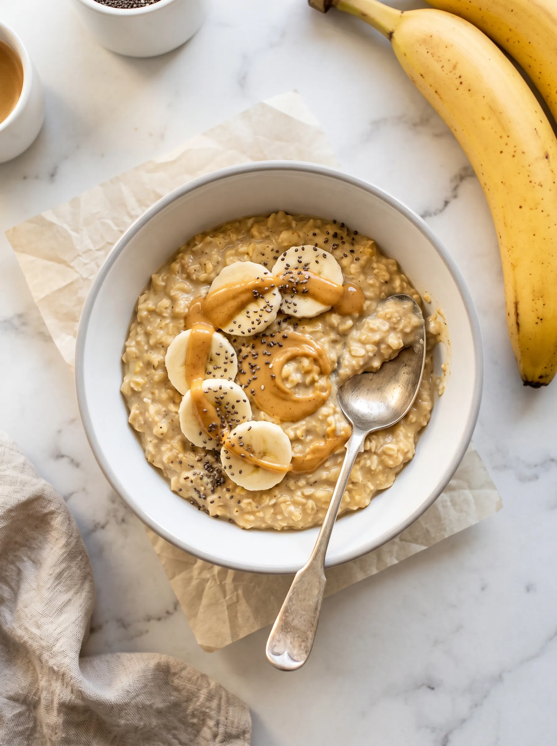 creamy banana overnight oats in a white ceramic bowl topped with fresh banana slices and honey drizzle on white marble counter