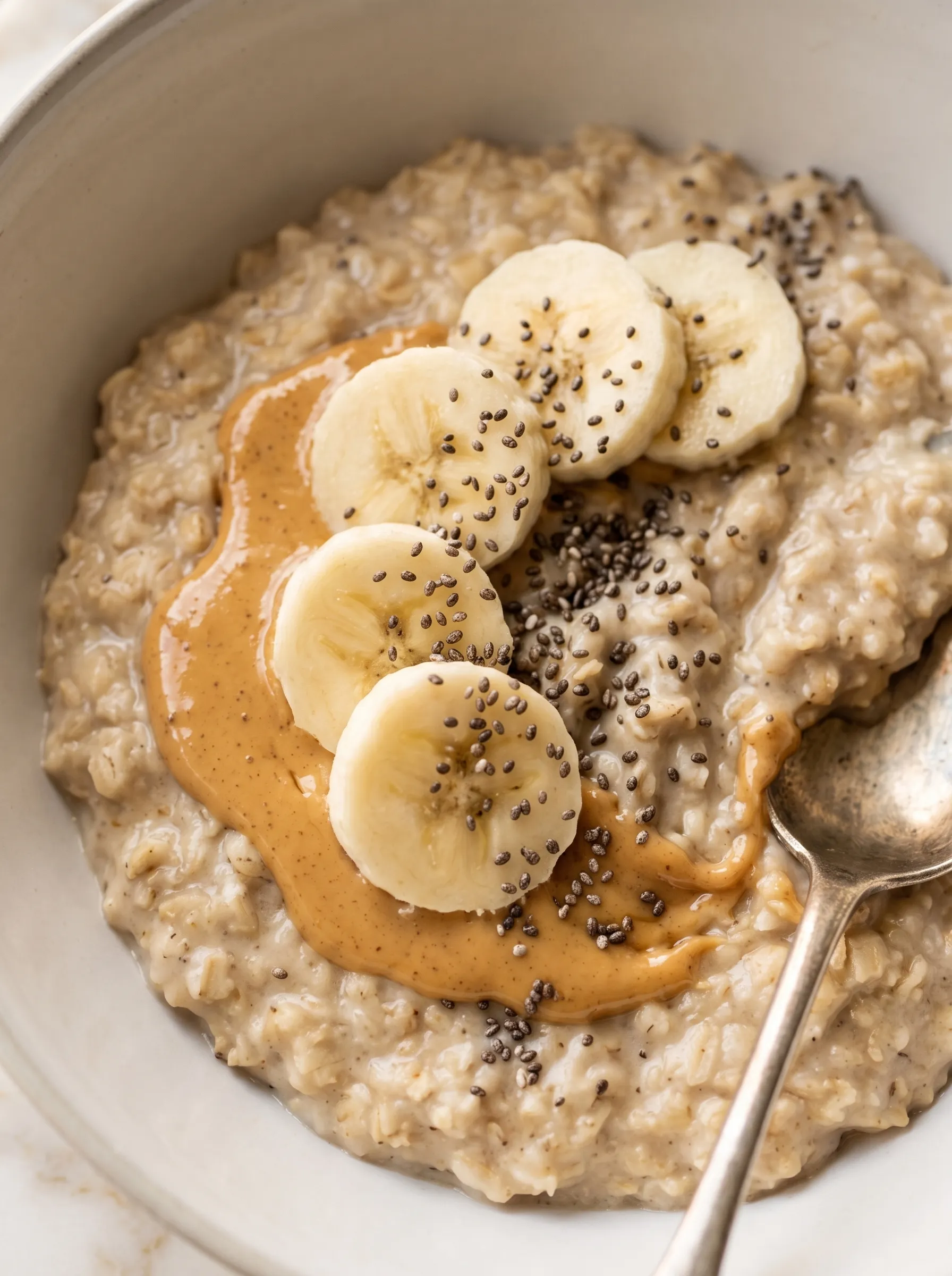 banana overnight oats in a white ceramic bowl with peanut butter swirl, fresh banana slices and chia seeds — easy make-ahead breakfast