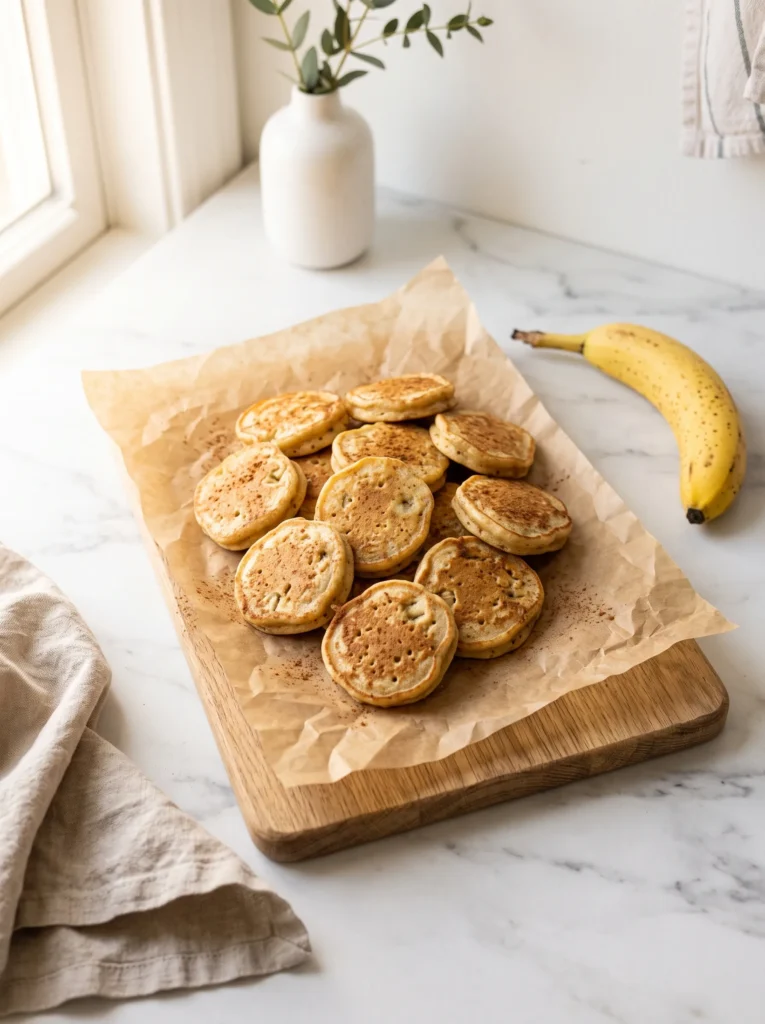 batch of mini banana pancakes for baby arranged on parchment paper, banana pancakes for babies