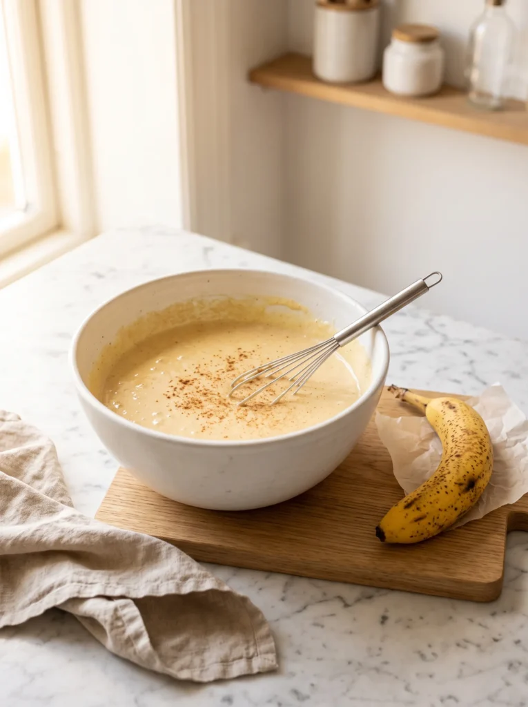 banana egg batter whisked in white bowl for easy banana pancakes for baby