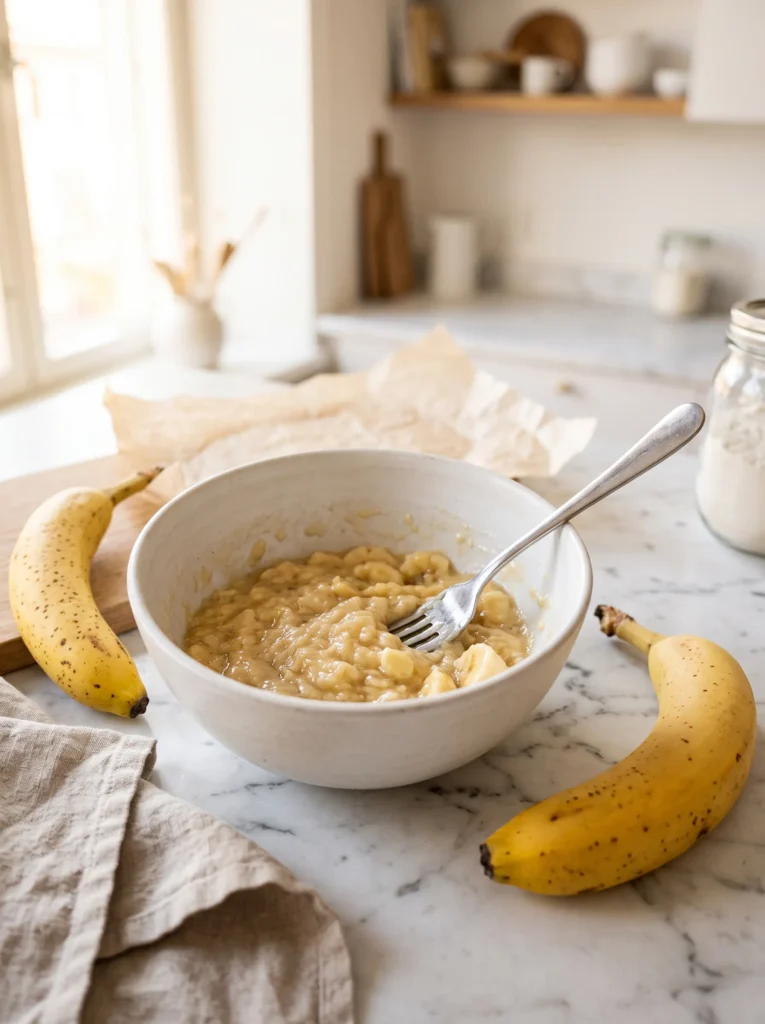 mashing ripe banana in white ceramic bowl with fork, first step banana pancakes for baby