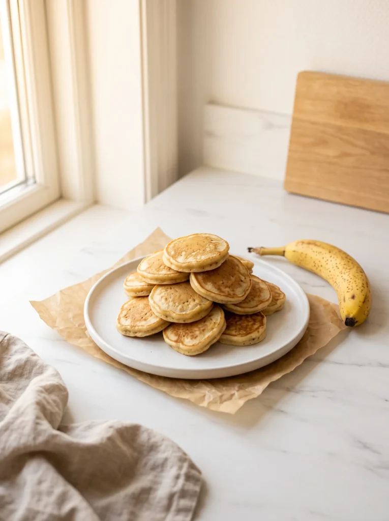 golden mini banana pancakes for baby on white ceramic plate, banana pancakes for baby