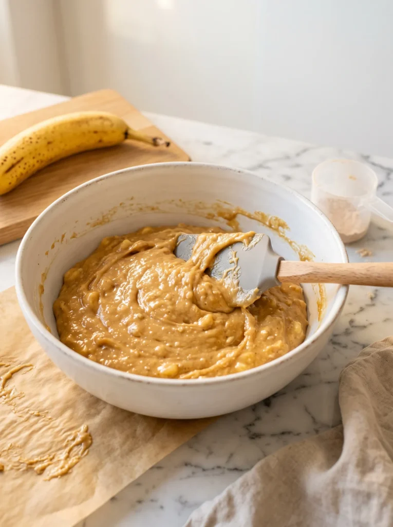 thick peanut butter banana protein cookie dough in white ceramic bowl with spatula — one bowl flourless protein cookies recipe