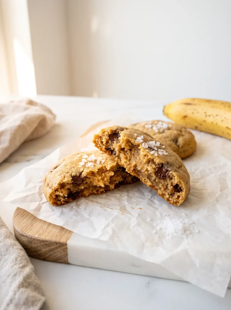 banana protein cookie broken in half showing soft fudgy interior with melted dark chocolate chips and flaky sea salt on top