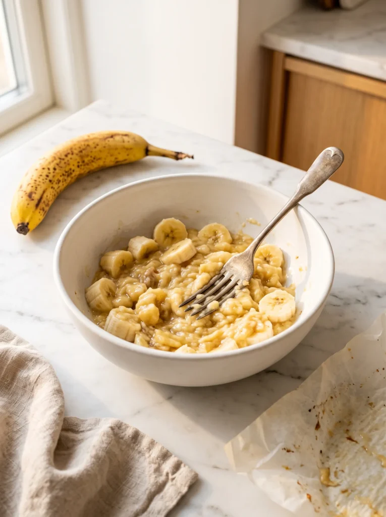 mashing very ripe bananas in a white ceramic bowl with a fork — step 1 peanut butter banana protein cookies recipe