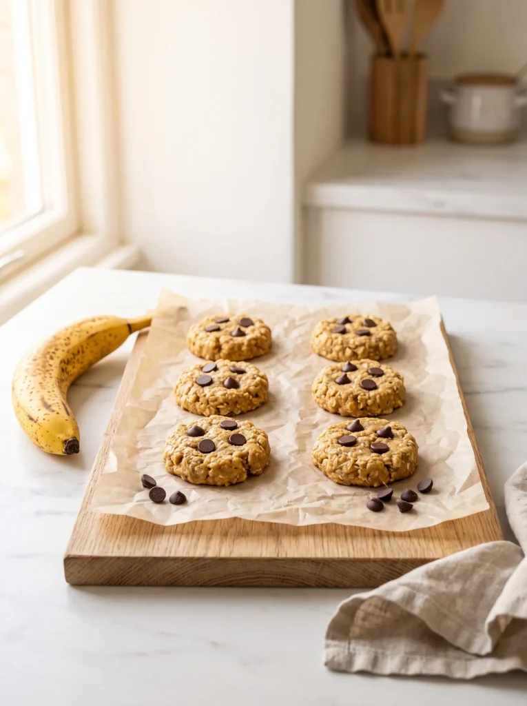 6 raw peanut butter banana protein cookie dough rounds on parchment paper with dark chocolate chips pressed on top — ready to bake