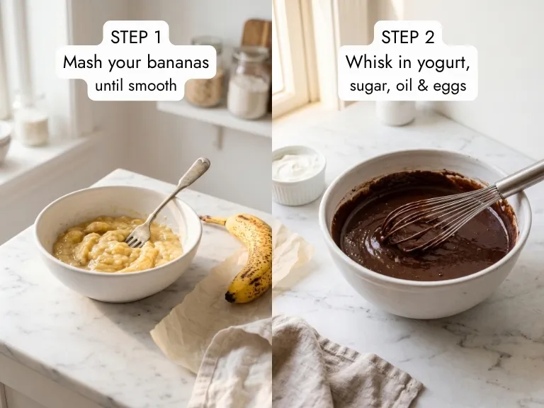 banana protein muffins process — mashing ripe bananas and whisking chocolate batter in white ceramic bowl