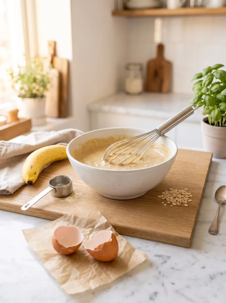 smooth banana protein pancake batter in white ceramic bowl ready to pour into skillet