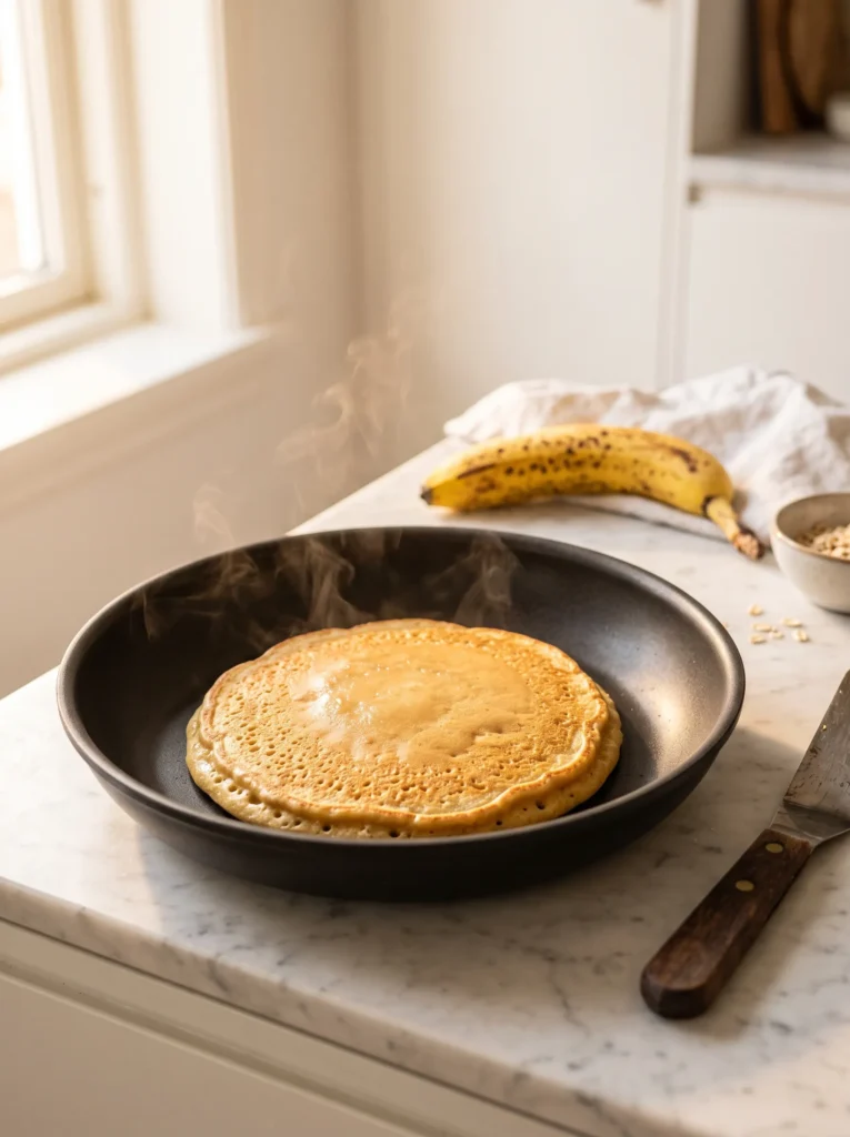 banana protein pancake cooking in nonstick skillet with golden edges set on marble counter