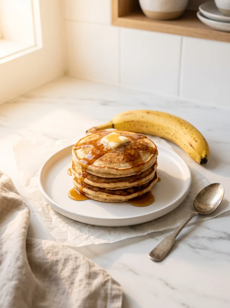 banana protein pancakes stack with maple syrup drizzle on white ceramic plate