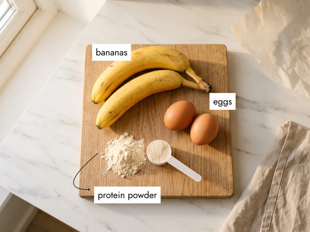 3 ingredients for banana protein pancakes — ripe bananas, eggs, and protein powder on marble
